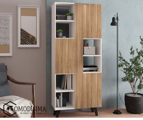 Biblioteca puertas inferiores en melamina blanco maderado